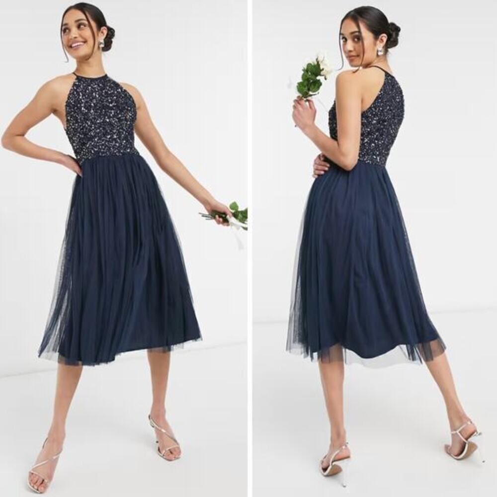 New! Maya halterneck midi tulle dress tonal delicate sequin navy size 2